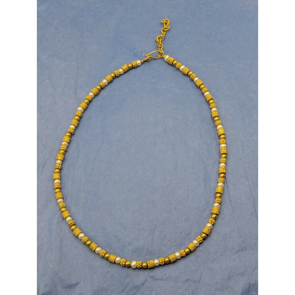 Gold Tone Faux Pearl Beaded Necklace Adjustable Choker 16in - Picture 5 of 8